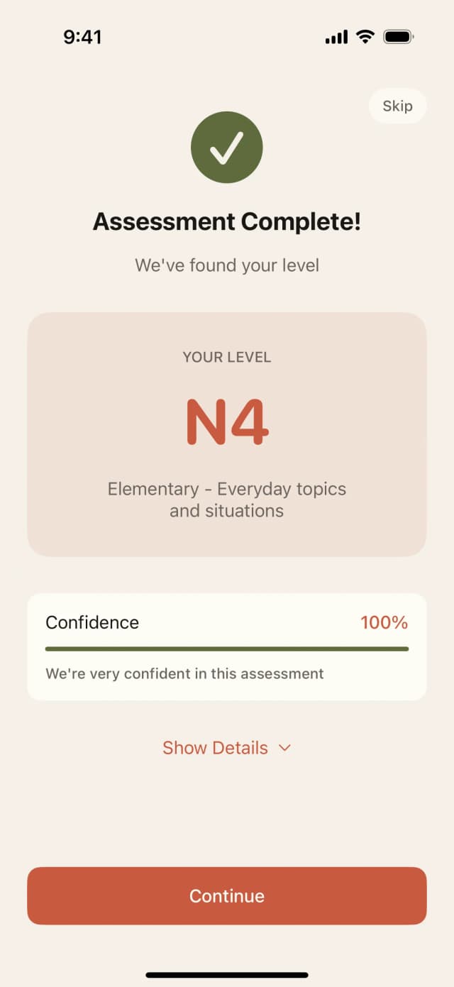 KanjiKanji Modern assessment result — placed at JLPT N5 (Beginner) with a confidence indicator and Continue button