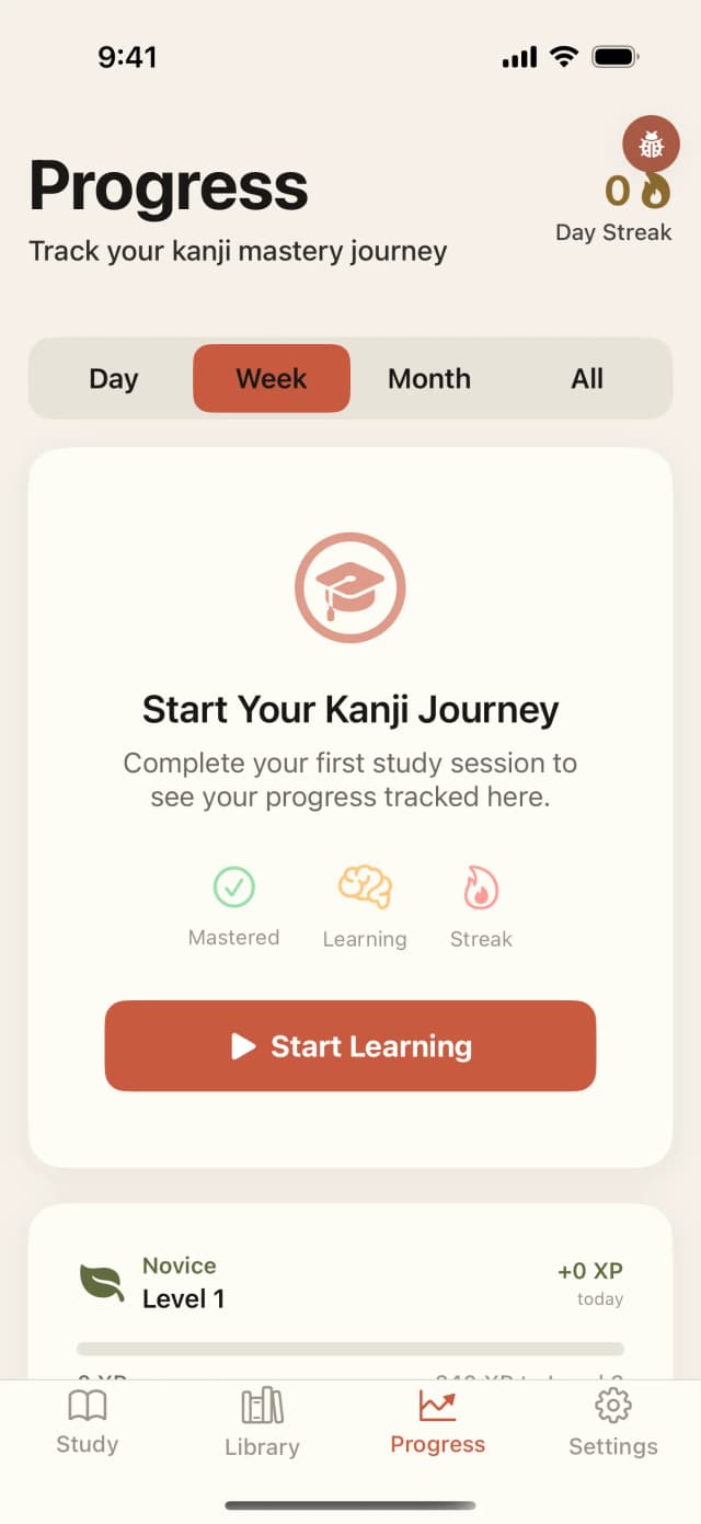 KanjiKanji Modern progress tab — daily/weekly/monthly streak, level, and XP toward next level