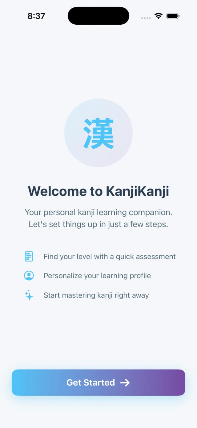 KanjiKanji Modern welcome screen — personal kanji learning companion with onboarding steps